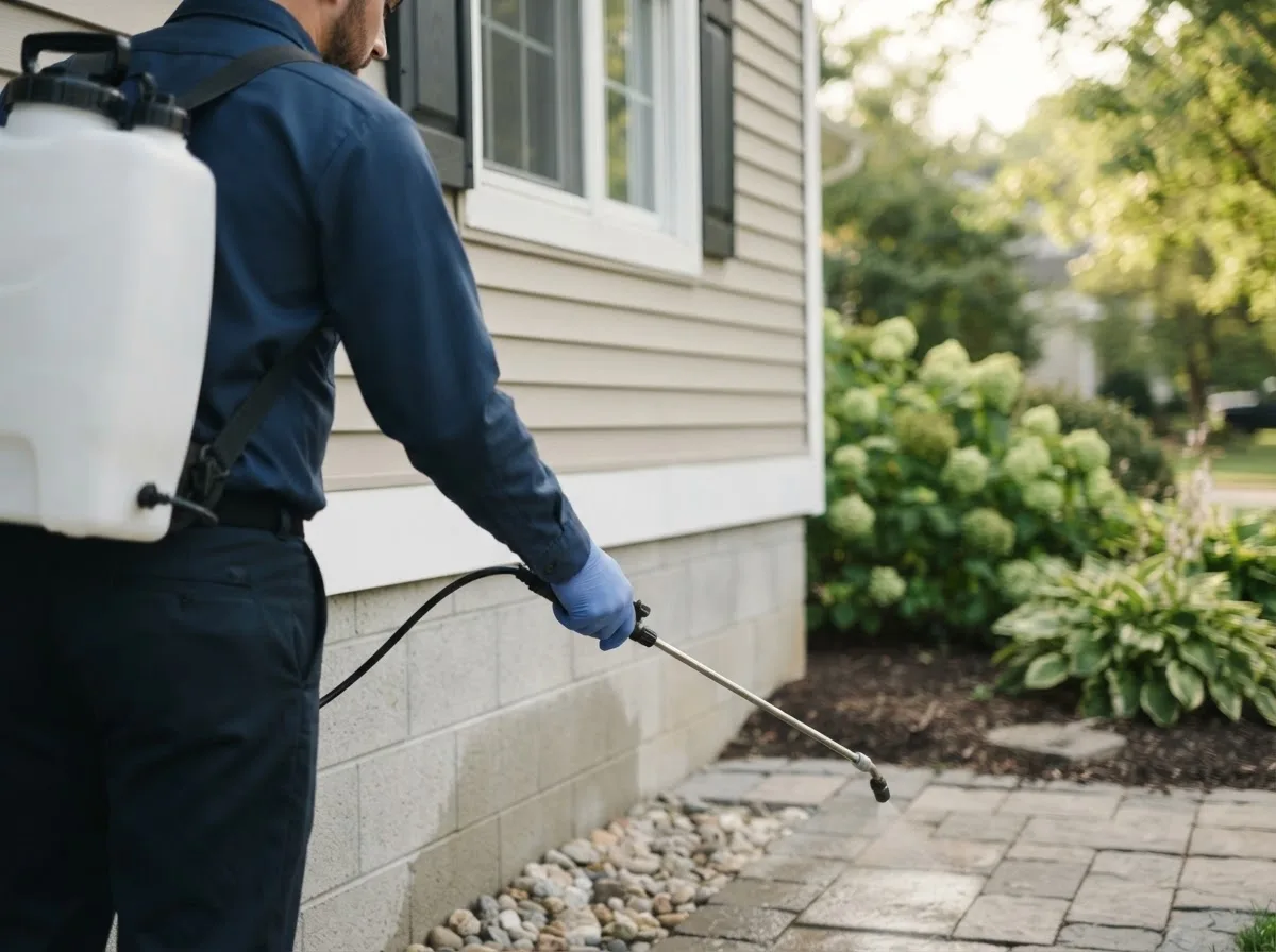 Pest control technician inspecting a home in Bausman, PA